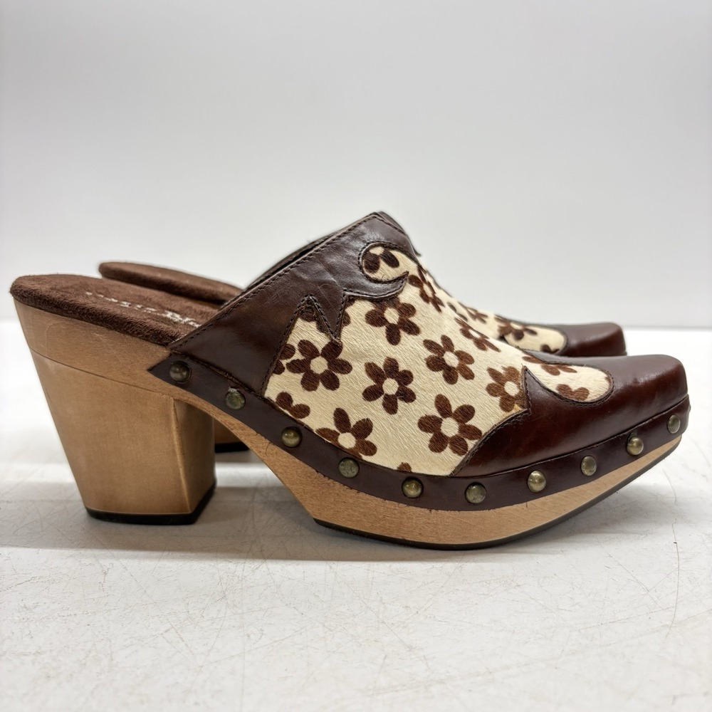 VTG Paris Blues Size 6.5 Brown White Cow Daisy Print Freda Wooden Platform Clogs - Picture 2 of 11
